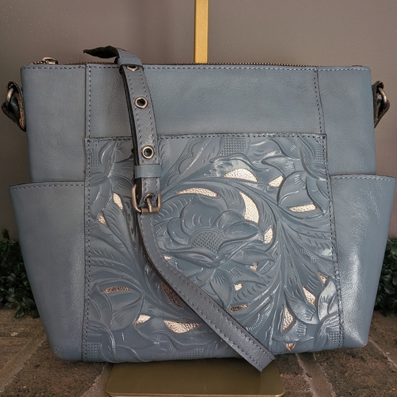 Patricia Nash Handbags - Patricia Nash Tooled Leather Crossbody – Dusty Blue Floral w/ Metallic